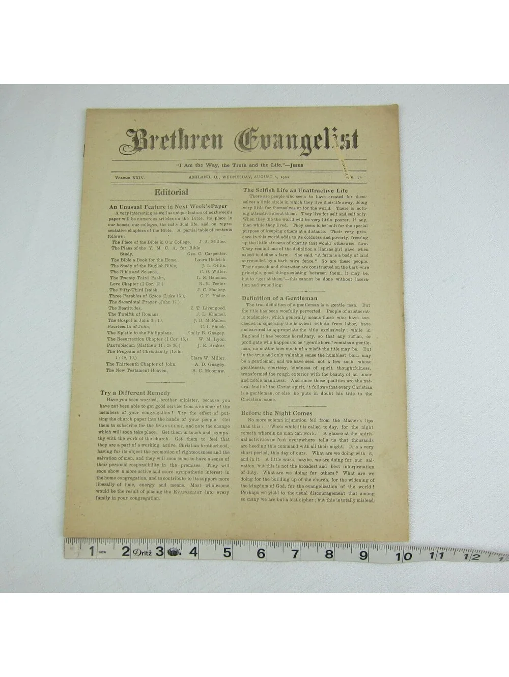 Brethren Evangelist Christian Newspaper Ashland Ohio Antique August 6, 1902 RARE
